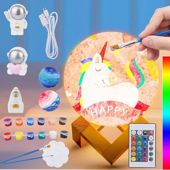 Minleway 7.1 Inches 16 Colors Rechargeable Paint Your Own Moon Lamp Kit, DIY Night Light Arts & Crafts Kit Gift for Kids, Women,Teen Girls Birthday Ages 5 6 7 8 9 10 11 12 Bulk Home Room Decor