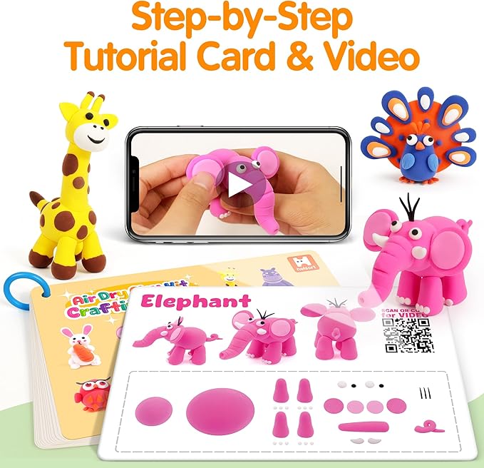 Air Dry Clay Kit for Kids, 12 Animals Modeling Clay with Tutorial Cards & Video, 8 Sculpting Tools, Ultra Light, Safe & Non-Toxic, DIY Art and Crafts Gifts for Boys Girls