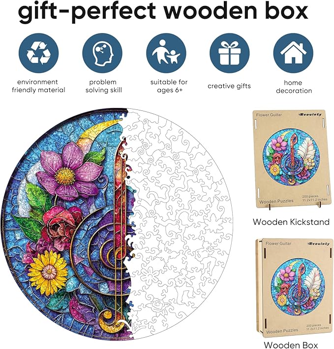 Wooden Puzzles for Adults, Flower Guitar Puzzle for Mom, Challenging Puzzle, 200 Piece Luxurious Shaped Wooden Puzzles for Family Game 11.2 * 11.2in
