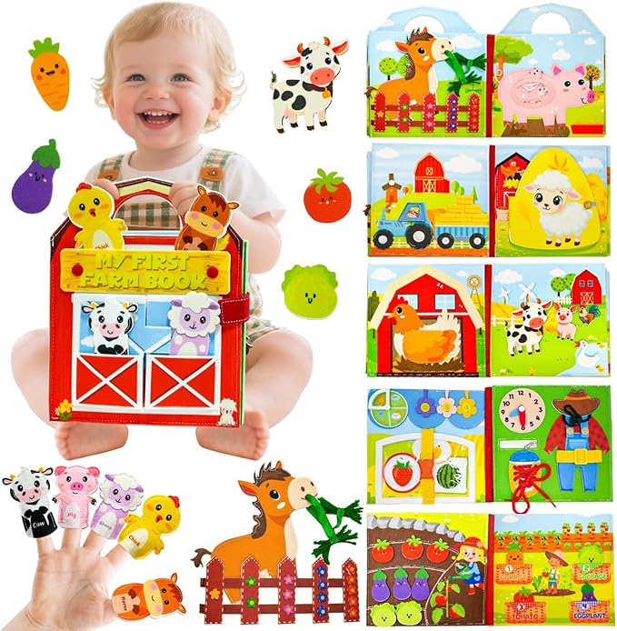 Farm Busy Book for Toddlers 1-3, Busy Book for Toddlers 3-5, Educational Farm Barn Animals Quiet Books with Finger Puppets, Montessori Portable Travel Learning Toys for 1 Year Old Boy Girl Gifts