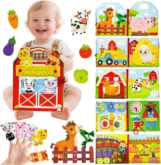 Farm Busy Book for Toddlers 1-3, Busy Book for Toddlers 3-5, Educational Farm Barn Animals Quiet Books with Finger Puppets, Montessori Portable Travel Learning Toys for 1 Year Old Boy Girl Gifts