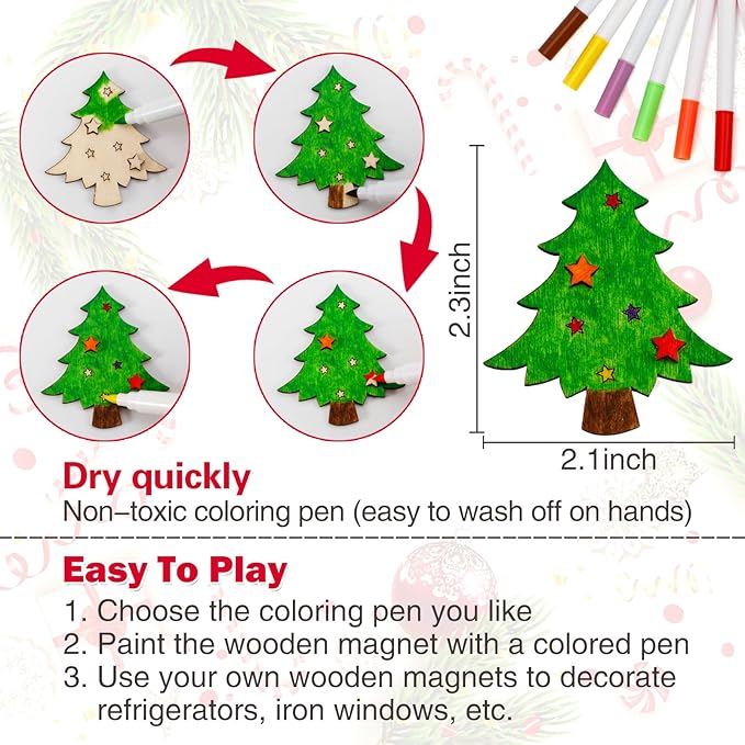 Worgree Christmas Crafts for Kids, 36pcs DIY Wooden Magnets Art Craft Supplies Painting Kit for Boys Girls Ages 4-8 8-12 Xmas Stocking Stuffers Toys Party Favors Gifts Goodie Bag Fillers Holiday Decor