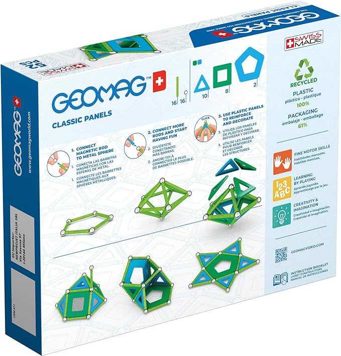 Geomag Classic Magnetic Toys for Kids Ages 5+, 52pc Educational STEM Magnets for Kids - Swiss-Made Magnetic Blocks, Tiles and Building Toys from 100% Recycled Plastic