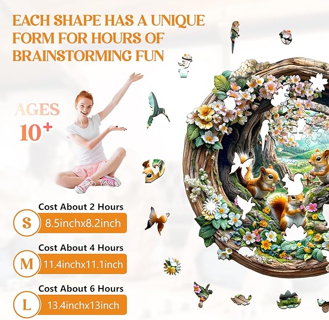 Wooden Puzzles for Adults, Wooden Jigsaw Puzzles for Adults, 3D Vision Effect-3D Spring Squirrel Unique Shaped Wood Puzzles Adult, Creative Birthday Gifts for Friends Family Game(11.4 * 11.1in 200pcs)