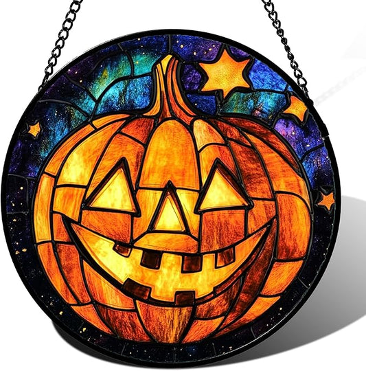 Stained Glass Window Hanging Halloween Horror Golden Pumpkin 11.8" - Suncatcher Door Garden Sunroom Gothic Style Sun Catcher Birthday for Friend Mom Men Woman Nana