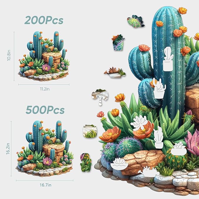 delobil Succulent Cactus Wooden Puzzles for Adults, 200 Pieces Jigsaw Puzzles, Unique Shaped Medium Size Liberty Wood Puzzle Gift for Adults and Kids, Family Game 11.2'' x 10.8''