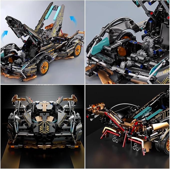 1:14-Scale RC Car Model Kit - Black-and-Gold Retro Supercar with APP Control, LED Lights, and Functional Scissor Doors for Creative Teens and Adult Hobbyists (1314 Pieces)