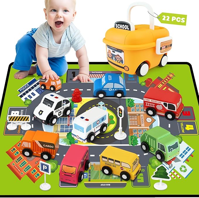 Wooden Cars Toys for Toddler Boy, 22 PCS Cars and Trucks Toy Vehicles Set with Traffic Signs, Playmat, Storage Box, Wood Montessori Toys Cars for Toddlers Baby Boys Kids Birthday Gift Educational Play