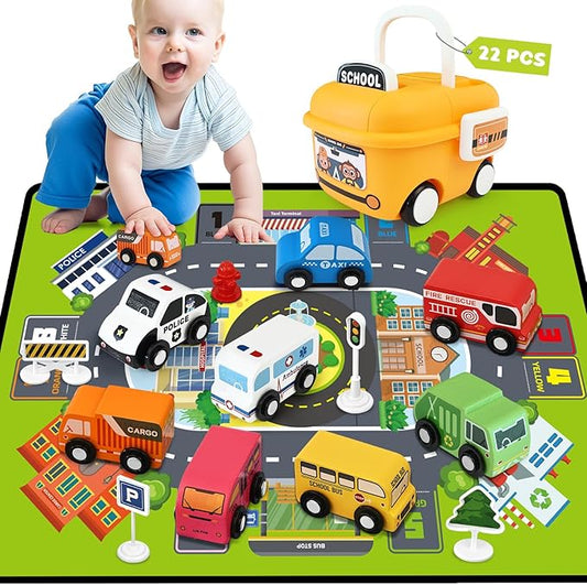 Wooden Cars Toys for Toddler Boy, 22 PCS Cars and Trucks Toy Vehicles Set with Traffic Signs, Playmat, Storage Box, Wood Montessori Toys Cars for Toddlers Baby Boys Kids Birthday Gift Educational Play