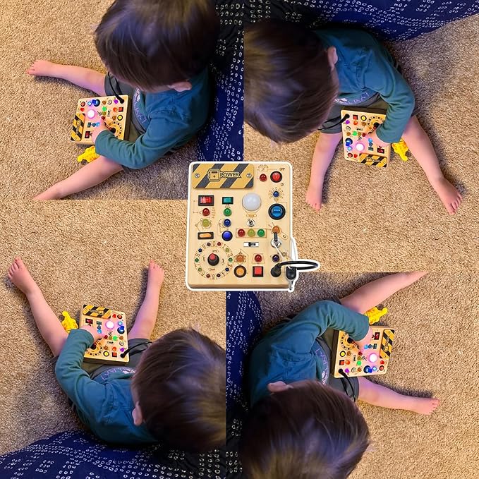 RichBoy Busy Board for 1-3 Year Old, 37 in 1 LED Light Up Wooden Sensory Montessori Switch Board Toy for Toddlers Travel Gift (6.7" x 5.3")