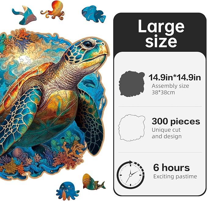 Wooden Puzzle,Coral Sea Turtle Jigsaw Puzzles 300 Piece,Fun Challenging Puzzles Family Game Gift,Unique Shape Puzzles for Adults 14.9 x 14.9 Inch