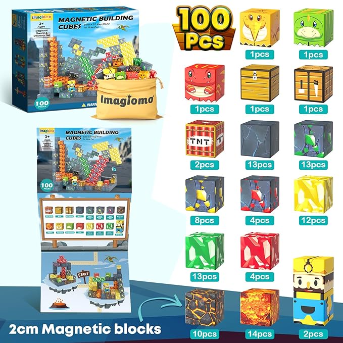 100PCS Magnetic Blocks - Build Mine Magnet World Mine Adventure Set Dinosaur Toys, Creative Jurassic Kids Games for 3-5 5-7 8-12 Boys, Sensory STEM Outdoor Toys for Boys & Girls Birthday Gifts