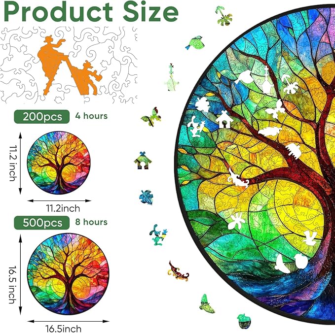 Ruikiyart Wooden Puzzles for Adults, 5MM 200 Pieces Colorful Tree Wooden Jigsaw Puzzles, Tree Puzzle Unique Shaped for Adults and Kids on Birthday, Thanksgiving, Family Puzzle Games (11.2"*11.2")