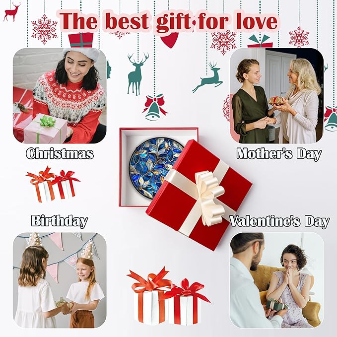 Stained Glass Window Hanging - Blue Gold Abstract Flowers Suncatcher for Door Terrace Garden Home Decor, Plant Sun Catcher Birthday Gifts for Lovers Women Men Dad Mom Nana 15 in