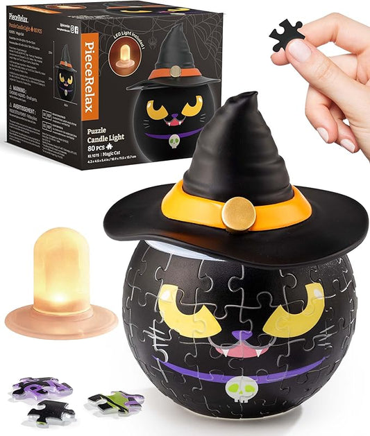 PieceRelax Halloween 3D Puzzle Candle Light 80 Pieces - LED Jack O’ Lantern - Rechargeable Plastic Pumpkins for Indoor & Outdoor Spooky Decorations, Magic Cat [KL1075]