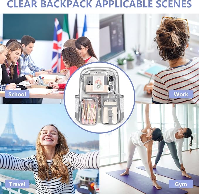 Attmu Gray Clear Backpack, Heavy Duty PVC Clear Bag for Stadium Events, Transparent Backpack with Reinforced Straps & Stitches for Girls Boys, Large Capacity Bookbag for School, Travel, College, Work