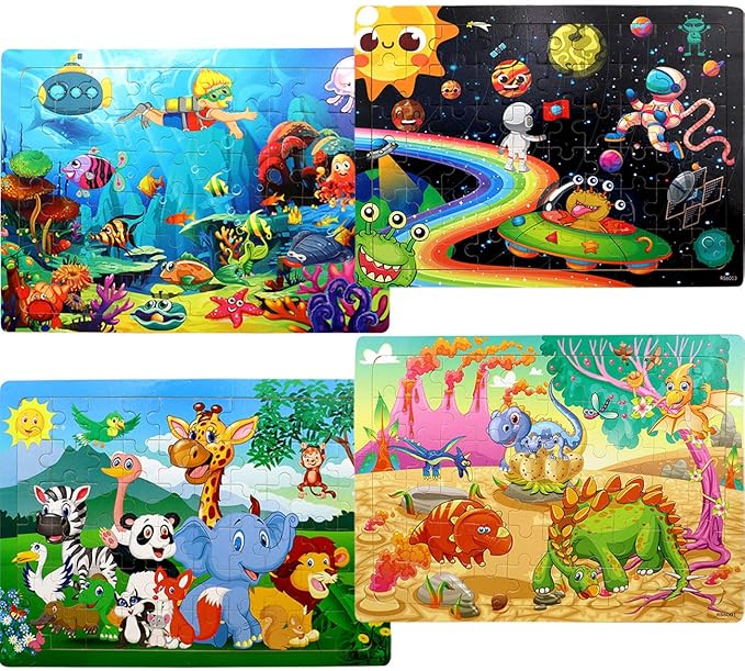 Puzzles for Kids Ages 4-8, 4 Pack Wooden Jigsaw Puzzles 60 Pieces Animal Dinosaur Puzzle Preschool Educational Learning Toys Set for Boys and Girls
