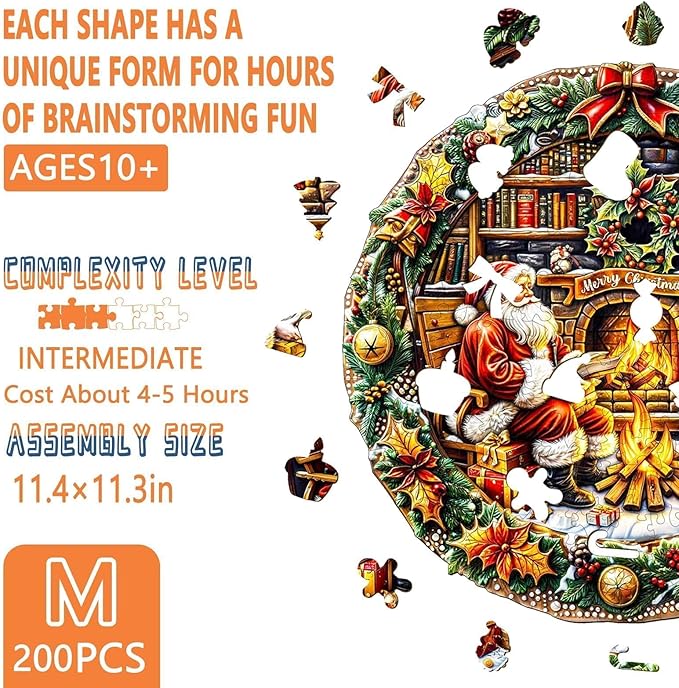 Christmas Best Gifts - Christmas Puzzle, Wooden Puzzles for Adults, Fireside Santa Wooden Jigsaw Puzzles for Adult, Xmas Wood Puzzles Adult, Round Gingerbread Puzzle (M-11.4 * 11.3in -200 Pieces)