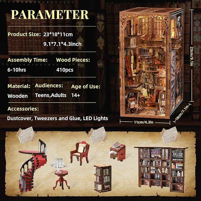 Book Nook Kit, DIY Miniature House Dollhouse Kit for Adults and Teens, Booknook Tiny House Bookshelf Decor with LED Light and Dust Cover (Abbey Library)