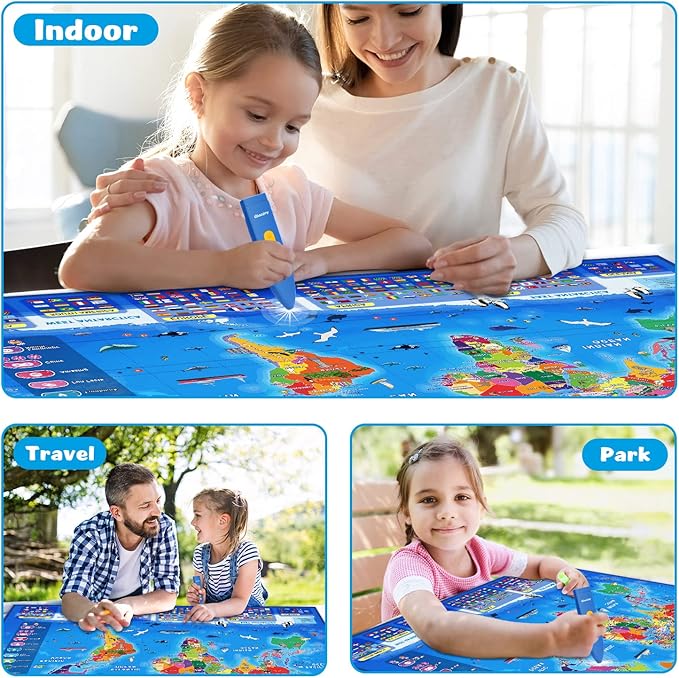 Bilingual Interactive World Map for Kids Learning and Educational Toys, Talking Electronic Kids World Map i-Poster Geography Games Ages 3 to 12 Years Old, Custom Talking Birthday Gifts Card