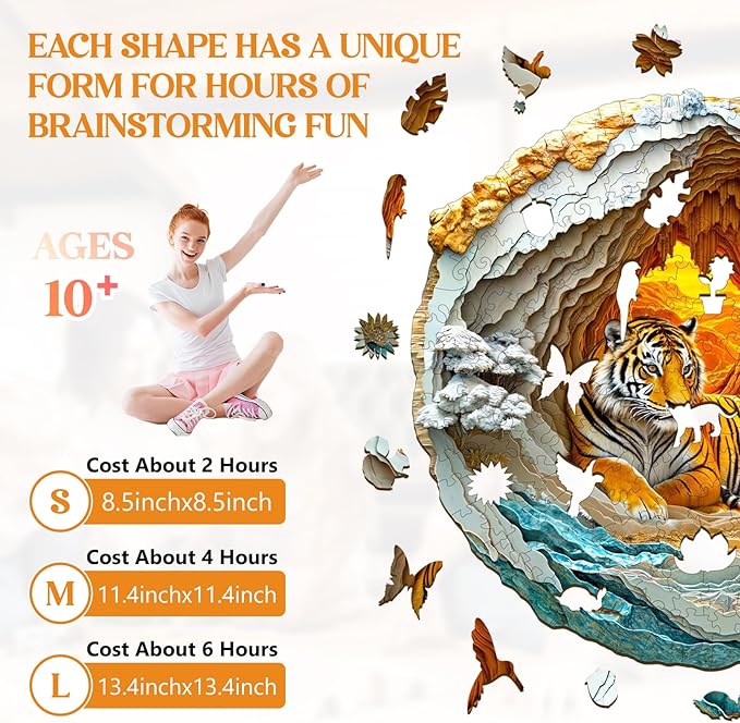 Wooden Puzzles for Adults, Wooden Jigsaw Puzzles for Adults Kids, 3D Vision Effect-3D Tiger Unique Shaped Wood Puzzles Adult, Creative Birthday Gifts for Friends Family Game (11.4 * 11.4in 200pcs)