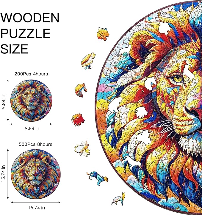 Wooden Puzzle for Adults – Unique Lion-Shaped Jigsaw, Animal Style Brain Teaser for Kids & Teens, 220 Pieces, 10"x10", Ships as Whole Puzzle Board (No Loose Pieces), Gift-Ready Box, Fun Family Game