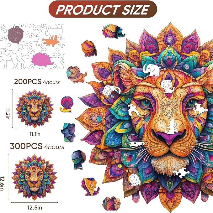 Lion Wooden Puzzles for Adults 200 Pieces,Unique Irregular Shape Mandala Wooden Jigsaw Puzzles for Adults and Kids,Creative Gift,Extra Thick 5MM,11.2x11.1 Inch