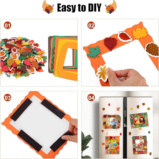Fovths 24 Packs Fall Foam Picture Frame Kits Thanksgiving DIY Frame Crafts Fall Leaf Picture Craft Autumn Theme Picture Frames with 300 Leaf Stickers for Thanksgiving Party Favors Birthday