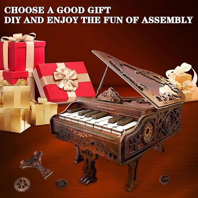 3D Wooden Puzzles for Adults, 236pcs Playable Piano Model Kit 1:20 Scale Building Puzzles Wooden Music Box, Mechanical 3D Puzzles Musical Instrument, Creative Finger Piano Desk Decor Unique Gift