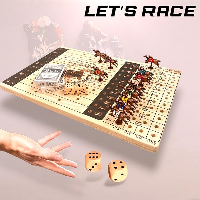 New Metal Horses Horse Race Board Game with 11 Metal Horses, 2 dice and 2 Boxes of Cards, Thick Luxurious Chessboard Wood, Horse Racing, Adult Game for Parties, Family Night