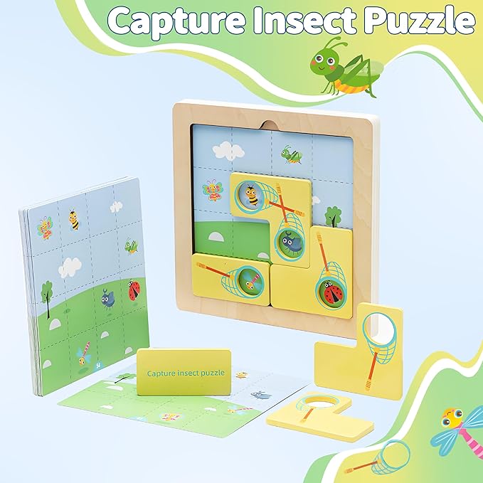 Insect Catching Puzzle Game for Kids Ages 3-8, 30 Double-Sided Challenge Cards Montessori Learning Toys, Strategic Board Game with Bug Catching Net Tiles, for Boys Girls