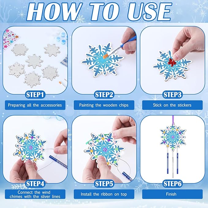JellyArch 30 Pack Winter Snowflake Wind Chime Making Kit for Kids Make Your Own Wind Chime Wooden Ornaments for Girls and Boys DIY Crafts Activity Birthday Winter Decoration