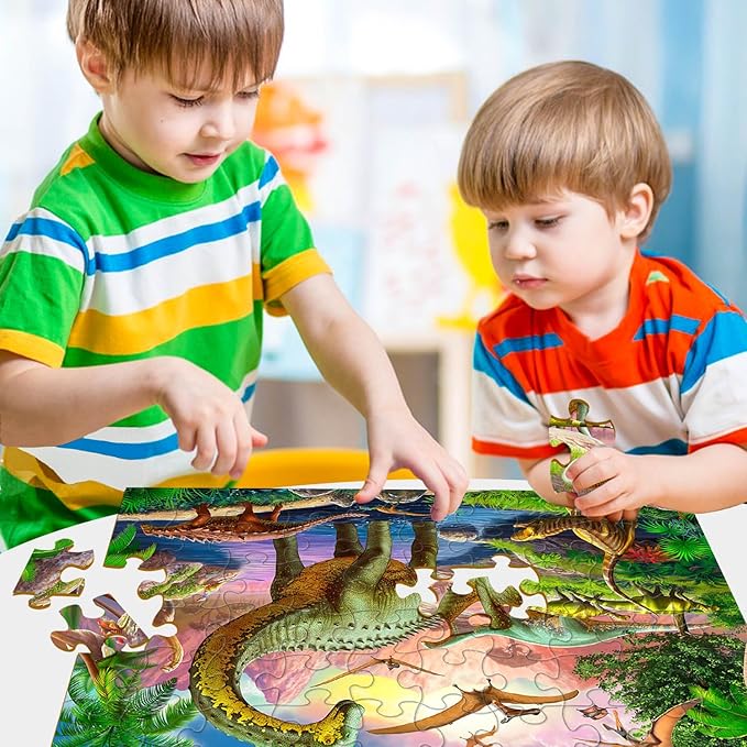 Puzzles for Kids Ages 4-6 – 2 x 60 Pieces Puzzles for Kids Ages 3-5 6-8 – World of Huge Dinosaurs – Learning Educational Toys for Boy and Girl (2 Packs)