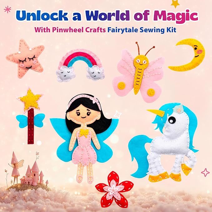 Pinwheel Crafts Beginner Sewing Kit for Kids Ages 5 6 7 8-12+ - Make Your Own Fairytale Characters Kids Sewing Kit - Play & Learn to Sew Craft Box, Girls & Boys Birthday Gifts