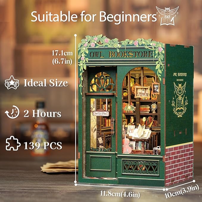 Cutefun Book Nook Kit - DIY Miniature House Kit for Bookshelf Decor, Book Nook Kits for Adults & Beginners, 3D Wooden Puzzle Dollhouse, Ideal Gift for Family and Friends (OWL Bookstore)