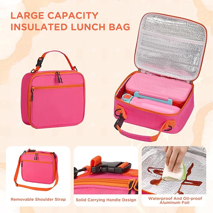 Bento Lunch Box for Kids With 8oz Thermo, Leakproof Bento Box with with 2 Compartments, Insulated Bottle, Lunch Bag, BPA Free Dishwasher Safe for School Girls Boys (Pink)