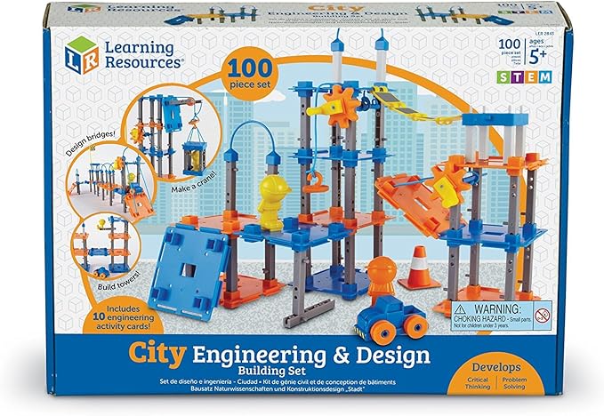 Learning Resources City Engineering and Design Building Set, Ages 5+,100 Pieces, Engineer STEM Toy, Construction Toys, Simple Machines Kids