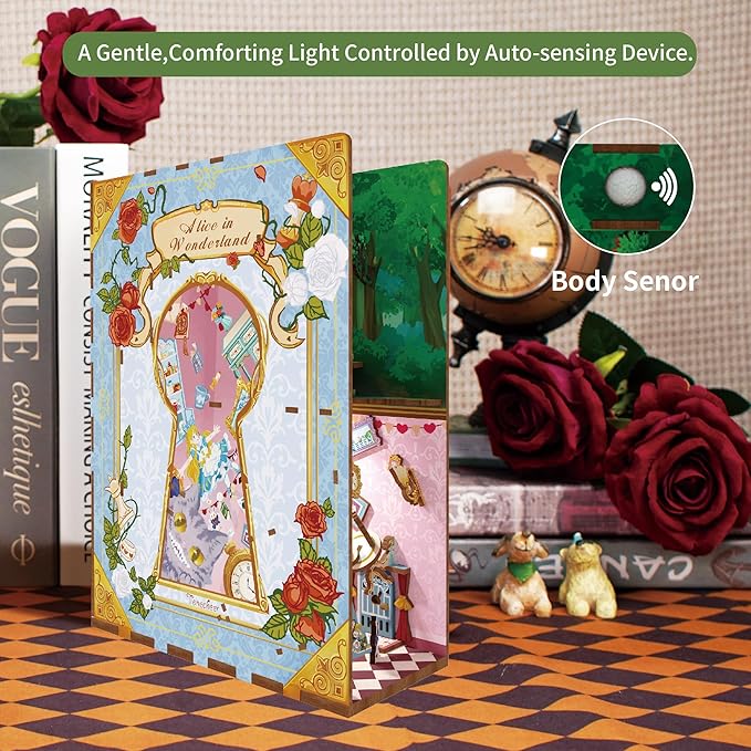 Tonecheer DIY Book Nook Kit for Adults,3D Wooden Puzzle Bookend Bookshelf Insert Library Decor, Booknook Miniature House Kit with Body Motion Sensor LED Light (Alice in Wonderland)