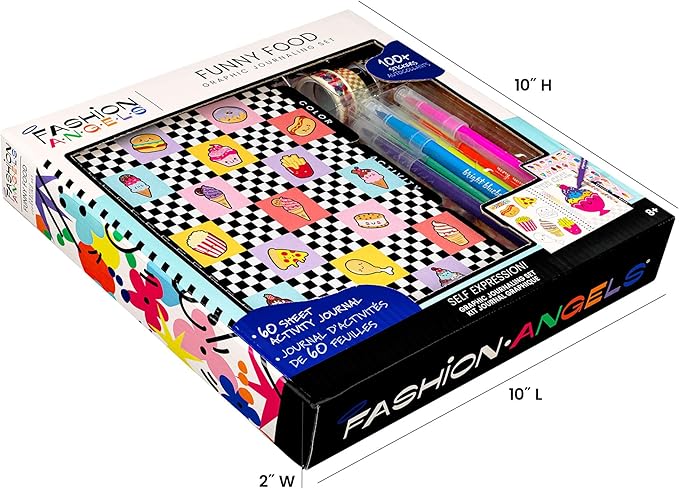 Fashion Angels Funny & Cute Food Graphic Journaling Stationery Set, Includes 1 Tabbed Sketchbook, 2 Sticker Sheets, 6 Scented Markers & 3 Rolls of Tape