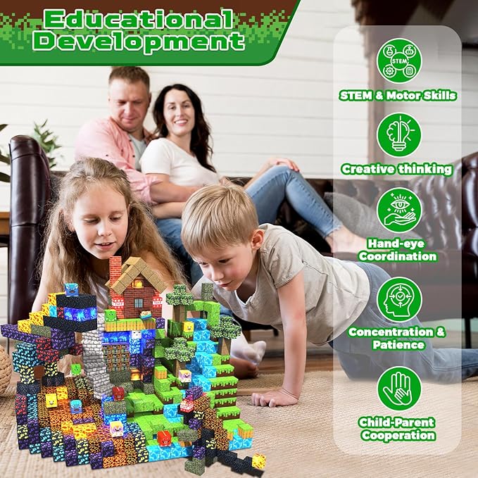 Magnetic Blocks - 150 PCS Dinosaur Volcano Forest Castle Set with Light Up Blocks - Kids Classroom Sensory Toy for Toddlers STEM, Construction Stacking Toy Kids 3+ Boys Girls Christmas Birthday Gifts