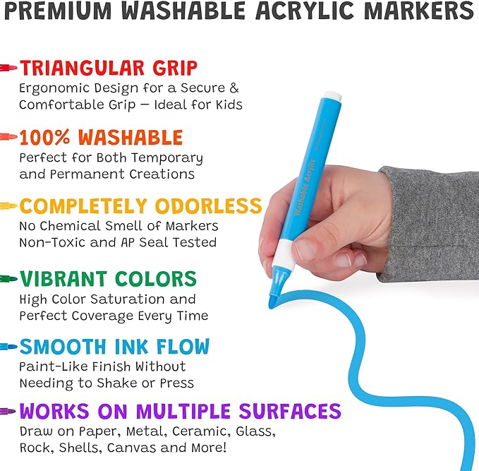 The Pencil Grip Magic Stix Washable Acrylic Markers for Kids and Teens, 12 Non-Toxic Colors, Allergen-Free, Vibrant Paint Pens for Crafting and DIY