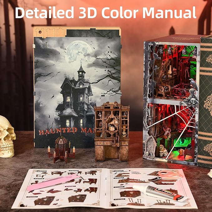 Haunted Mansion Book Nook Kit, Halloween DIY Miniature Dollhouse Kit, Miniature House Kit for Adults and Teens, Horror 3D Wooden Puzzle Bookend Bookshelf Insert Decor with LED Light