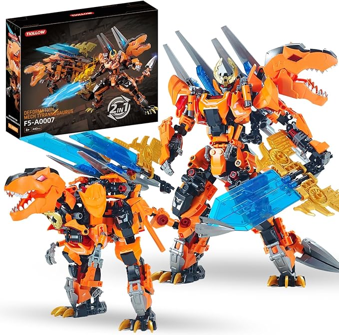 T-Rex Mech 2-in-1 Building Set, Cool Transforming Building Blocks Toy, Compatible with Lego, Dinosaurs Park Kit with Transform Robot, Birthday for Kids Boys, Adult Age 8-12 (T-Rex)
