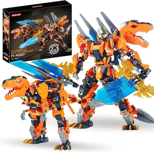 T-Rex Mech 2-in-1 Building Set, Cool Transforming Building Blocks Toy, Compatible with Lego, Dinosaurs Park Kit with Transform Robot, Birthday for Kids Boys, Adult Age 8-12 (T-Rex)