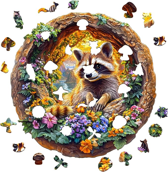KAAYEE Wooden Puzzles for Adults, 3D Visual Effect Raccoon on Vacation Wooden Jigsaw Puzzle Unique Shape Wood Puzzle Adult, 3D Effect Flat Puzzle Birthday Family Game (M-11.4 * 11.3 in-200pcs)