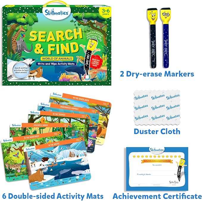 Skillmatics Search and Find Animals Educational Game - Reusable Preschool Learning Activities, Perfect for Toddlers & Kids Who Love Toys, Art & Crafts, Builds Vocabulary, Gifts for Ages 3, 4, 5, 6