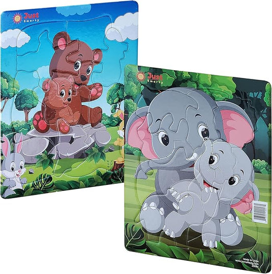 Just Smarty Preschool Jigsaw Puzzles for Kids Ages 3-5 Set of 2 | Fun Shapes 10 Pieces Elephant Puzzle and 11 Pieces Bear Puzzle with Tray | Toddler Puzzles Ages 3-5 | Preschool Puzzles Level 3
