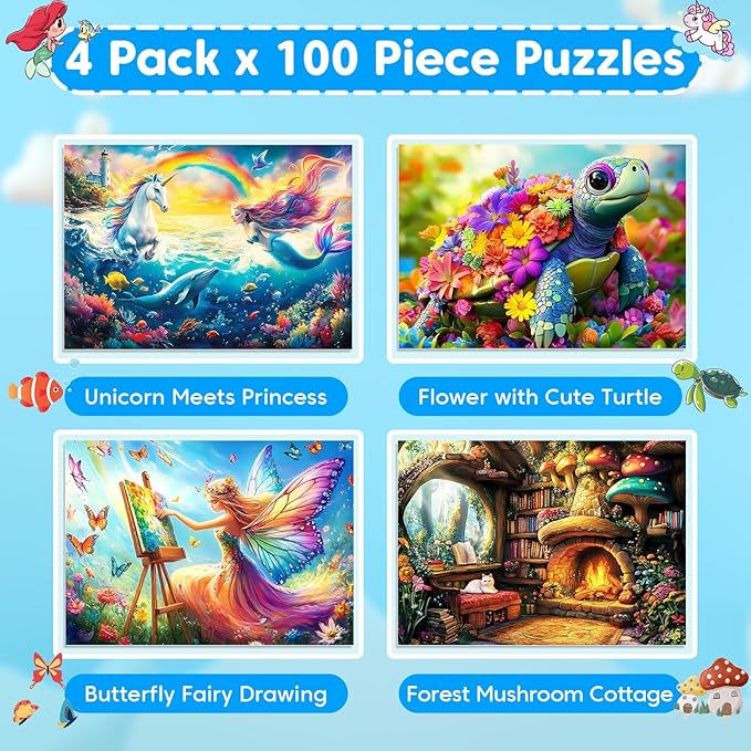 4 Packs 100 Piece Puzzles for Kids Ages 6-8 8-10, Mermaid Unicorn Puzzle for Girls 4-6 Years Old Educational 100 Piece Large Jigsaw Puzzles, Kids Puzzles 4-6 Toys Gifts for Girls Boys