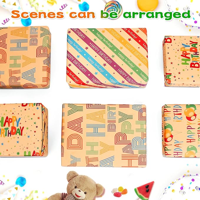 Wrapping Paper Birthday Gift Wrapping Paper Sheets Set, Kraft Birthday Gift Wrap Set,Balloon Star Happy Birhtday Paper with Tags String,Bday Present Wrap for Boy Girl Women Men