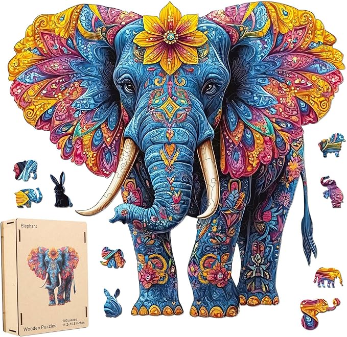Wooden Jigsaw Puzzle, 500 Pcs Unique 3D Shape Jigsaw Puzzles, Wood Puzzle Gift Box Packing, Medium Size Letter, Creative Gift for Adults and Kids, Fun Challenging (EA2Elephant, 500PCS)